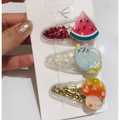 3Pcs/Set Glitter Hair Clips For Girls Animals Fruit Transparent Barrettes Cute Hairpins Kids Hair Accessories Women Headwear