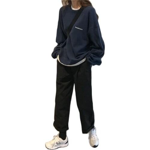 No Hat Hoodies Women Autumn Letter Printed Loose Thin Korean Trendy Leisure Womens Sweatshirts All-match Tees Size M-XXL