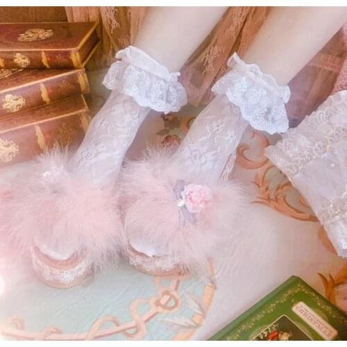 Plush princess style sandals slippers sweet girl Vintage Sweet Lolita Shoes Anime Lolita Shoes Victoria Kawaii Low help cos