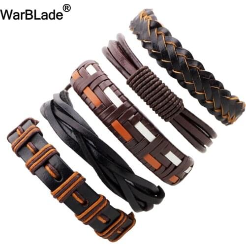 WarBLade High Quality Genuine Leather Men Bracelet Vintage Charm Braided Bracelets Bangle Punk Wrap Wristband For Male 5pcs/Set