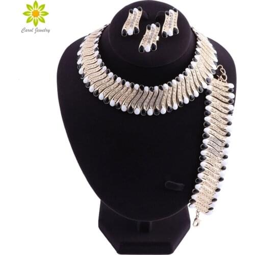 Dubai Gold Color Necklace African Beads Jewelry Sets For Women Black White Enemal Necklace Ring Earrings Bracelet Wedding Gift