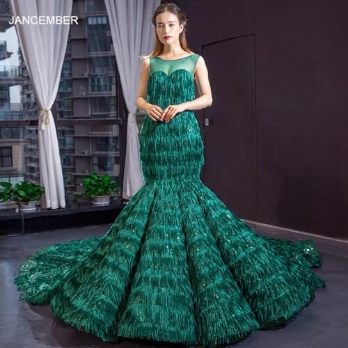 J66864 jancember mermaid evening dress o-neck sleeveless green tassel formal fringe dress with feather vestido con borlas fiesta