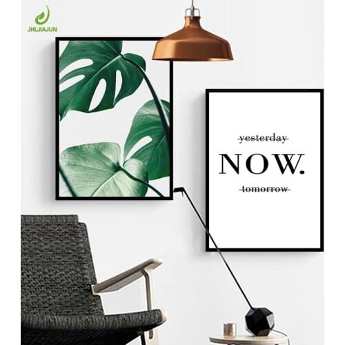 JHLJIAJUN Nordic Style Canvas Print Painting Poster Green Leaf Monstera Deliciosa And Quote Unframed Wall Picture For Home Decor