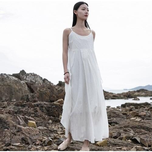 Johnature Women Dress Cotton Linen O-Neck Dress Vintage 2021 Summer New Solid Color Irregular Patchwork Suspender Dress