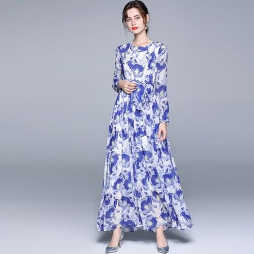 JSXDHK Elegant Spring Summer Holiday Maxi Dress 2021 Runway Women Flower Print Chiffon Blue Female O Neck Belt Boho Long Dresses