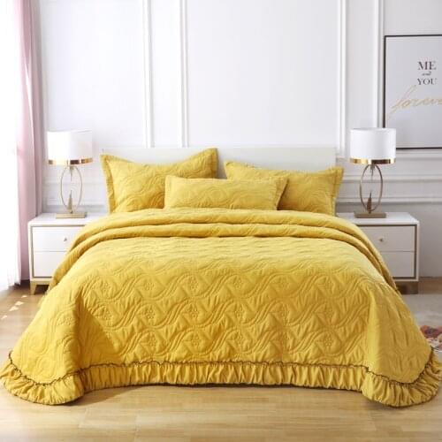 Yellow Gray Purple Blue Green 100% Cotton Solid Color Quilted Ruffle Bedspread Coverlet Bed Cover Set Bed Skirt/Sheet Pillowcase