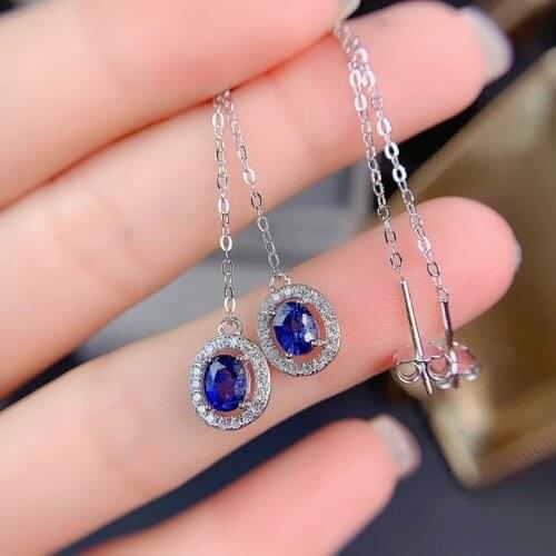 Cute elegant long-line round natural blue sapphire drop earrings 925 silver Natural gemstone Ear line women party gift jewelry