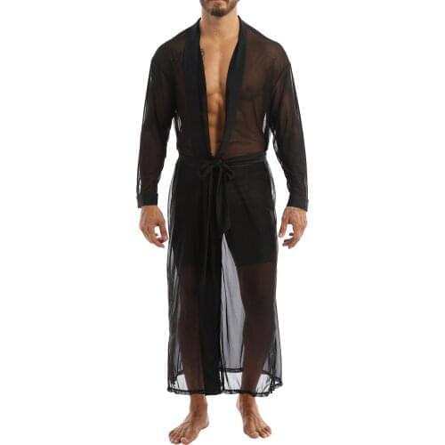 Mens Male Fashion Club Party Casual Costumes Open Front Mesh Transparent Long Shirt Cloak Top with Long Sleeve Dressing Up