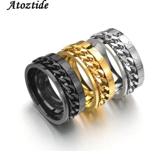 Atoztide 8mm Punk Titanium Steel Roman Numeral Twist Chain Rings For Men Polished Black Rock Biker Ring Round Wedding Band Party
