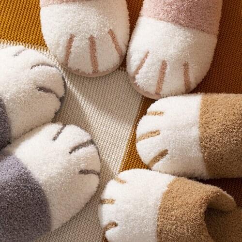 2021 New Cotton Slippers Female Autumn And Winter Home Cartoon Cute Cat Claw Plush Couple Warm Indoor Soft-soled Slippers Male