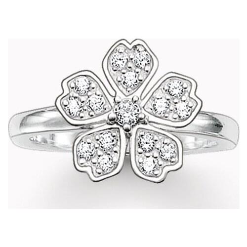 Silver Plated Sakura Flower Rings with White Zirconia, Most Fashion Glam Bijoux Ring Jewelry Best Romantic Ring Gift for Women