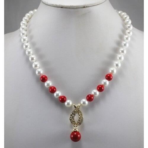 Decent 8mm white & red shell pearl necklace+14mm pendant necklace