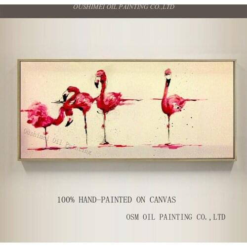 Simple and Beautiful Design Hot Selling Handmade Animal Flamingo Oil Painting on Canvas for Office Wall Decoration Painting
