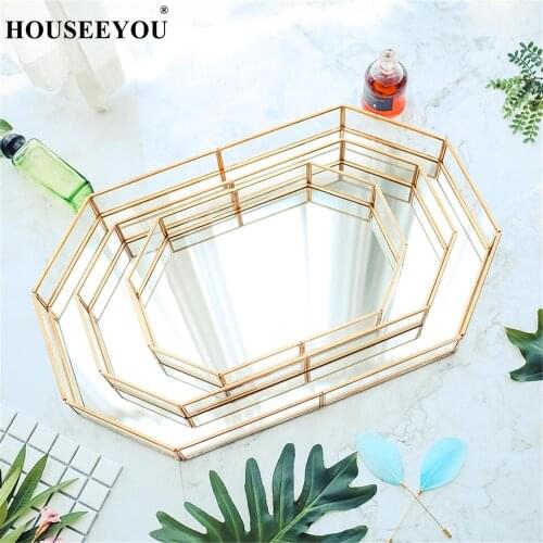 Retro Brass Storage Box Tray Golden Polygon Glass Makeup Organizer Dessert Snack Plate Jewelry Display Stand Home Decor Gifts