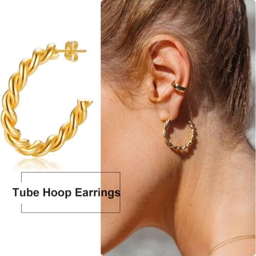 Twisted Rope Earrings for Women Stainless Steel Hoops Open Croissant Chunky Earrings Hypoallergenic