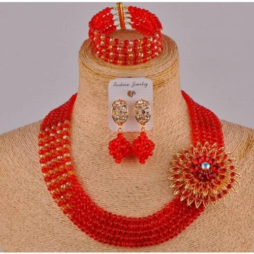 Red and champagne gold ab african wedding beads costume african set nigerian wedding necklace african jewelry set CS01