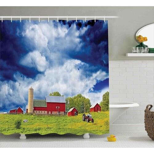 Country Shower Curtain Landscape Scenery View Warehouse Barn Clear Clouds Fields Photo Bath Curtain With Hooks For Bathroom