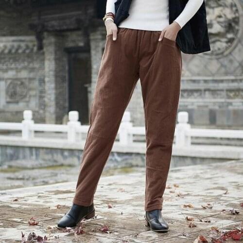 Johnature Autumn Winter Leisure Retro Full Length All-match Harem Pants 2021 New Simple Cotton Linen Pockets Women Warm Pants