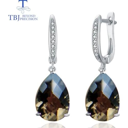 TBJ,Natural smoky quartz checkerboard cut 15.5ct real gemstone dangle clasp earring 925 sterling silver fine jewelry for women