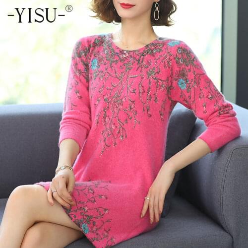 YISU Women Winter Sweater O-Neck Printing Winter tops Long section Long sleeve Warm Female Jumper section Knitted pullover