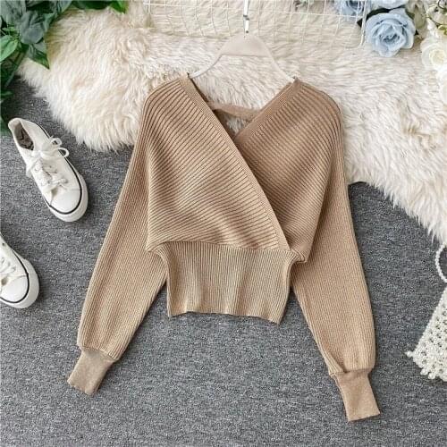 Spring Autumn Women knitwear Jumper Korean Solid Backless Slim V-neck Bat-sleeve knitted Pullover Casual Ladies Tops Tide H361