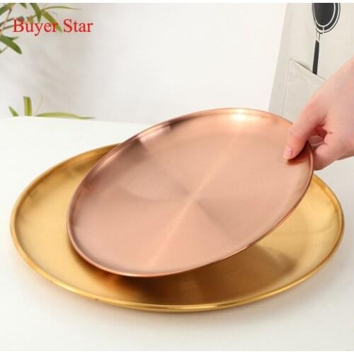 1/4PCS Stainless steel Dinner Plates Restaurant Gold Serving Tray Round Dessert Cake Snack Dishes Big Steak Plate Korean Cutlery