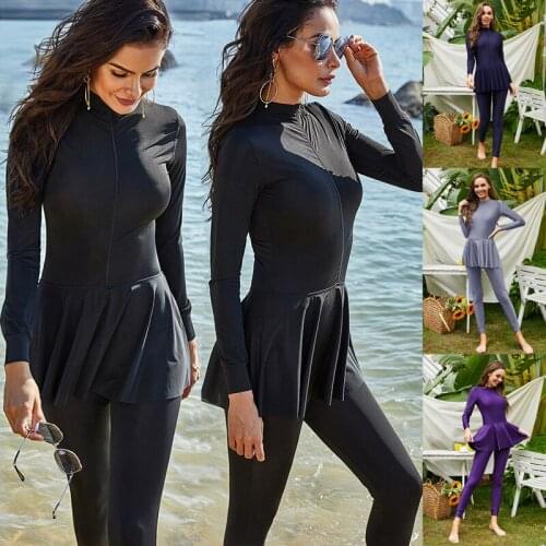 2pcs Black Traditional Separate Swimsuit For Burkini Muslim Fashion Swimwear Long Sleeve Arabic France Spain Islamic Swim Wear