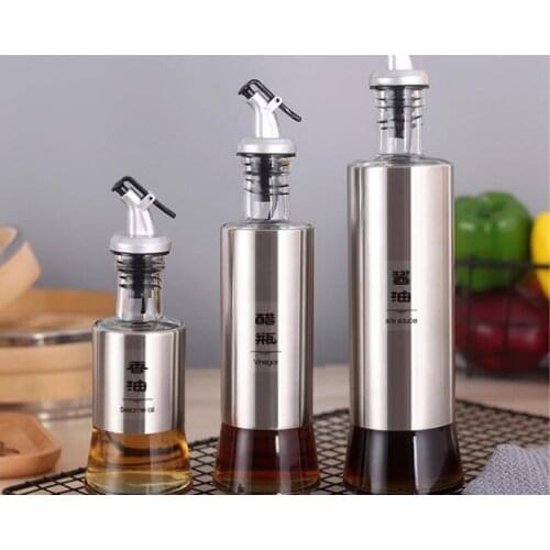 1PC Kitchen Cooking Stainless Steel Seasoning Bottle Dispenser For Oil Sauce Bottle Glass Storage Vinegar Bottle Creative QA 023