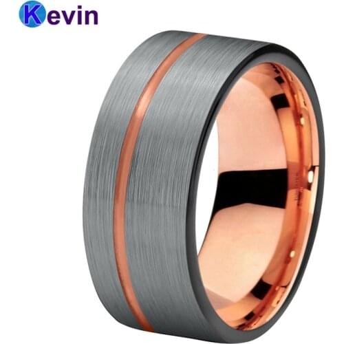 Men Women Tungsten Ring Wedding Band Black Rose Gold Color With Offset Grooved Brushed Comfort Fit