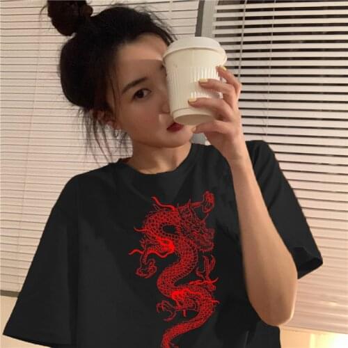 Short Sleeve T-shirt Women Dragon Print Oversize Boyfriend Style Tops Perfect Basic Tees Render Unlined Upper Garment 4 Season