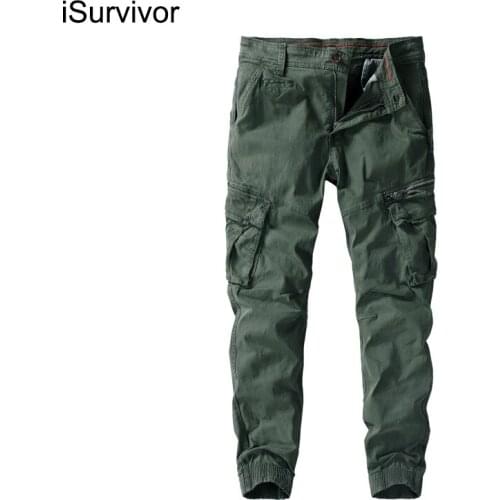 ISurvivor 2020 New Mens Straight Leg Overalls Loose Solid Color Autumn Pure Cotton Drawstring Big Pocket Sports Pants