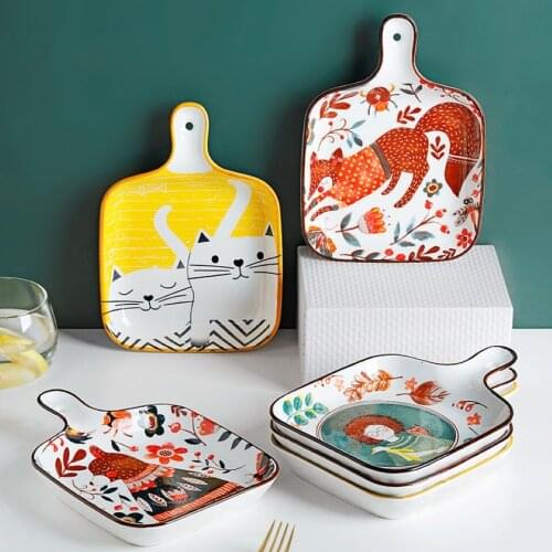 Nordic Ceramic Household Dinner Plate Microwave Hand-Painted Color Dish Anti-Hot Handle Baking Tray Breakfast Plate Tableware