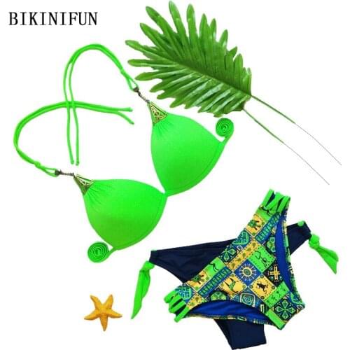 New Sexy Solid Color Bikini Women Swimsuit Geometric Print Swimwear 38-42 Girl Strappy Bathing Suit Backless Halter Bikini Set