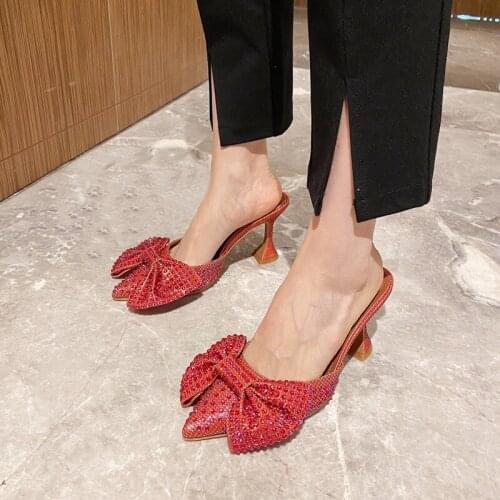 9cm Heeled Green Heels Summer 2021 Female Shoes Woman Rhinestone Bow-Knot High Heel Slippers Luxury Pumps Women Shoes