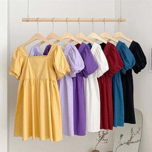 Fashion Korean women candy color Square collor puff sleeve cotton linen dress,sexy Bohemian holiday dress plus size M-7XL