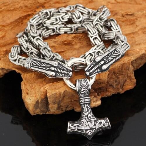 Men Stainless steel Nordic viking wolf dragon head with thor hammer pendant necklace with King chain