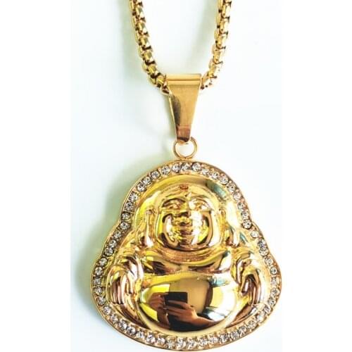 Hip Hop Men Necklace with rhinestone stainless steel Gold Color Plated Maitreya Pendant