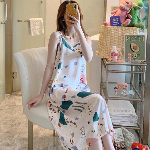 Sling Nightdress Cotton Silk Female Spring and Summer Super Long Sexy Student Sweet Pajamas Viscose Beautiful Back Home Service