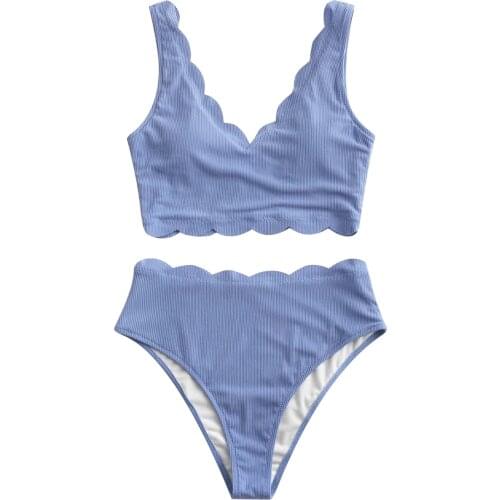 2021 New Scalloped Textured Women Swimsuit High Waist Bikini Set Push Up Bikinis Solid Two Pieces Beach Bathing Suits Tankini
