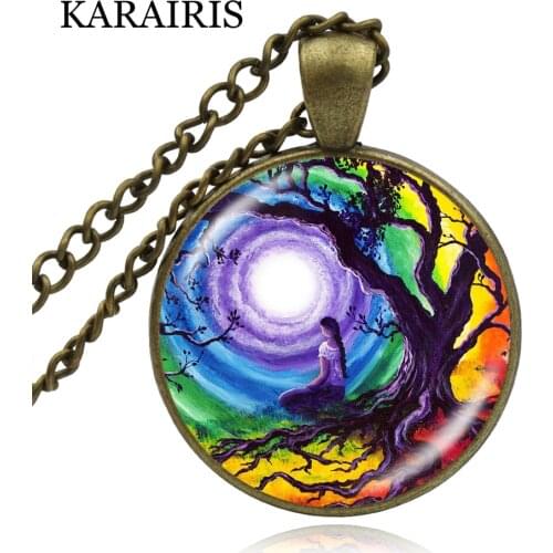 KARAIRIS Tree of Life Evening Chakra Meditation Necklace Handmade Chakra Jewelry Glass Cabochon Pendant Chain Sweater Necklaces