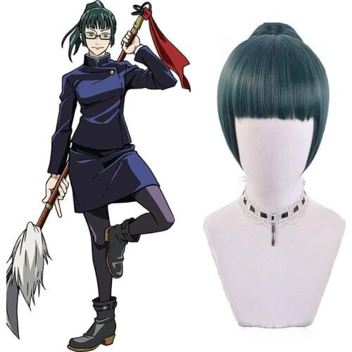 Anime Comic Jujutsu Kaisen Cosplay Wigs Zenin Maki Cosplay Wig Synthetic Wig Green Straight Hairs Cosplay Accessory Ponytail