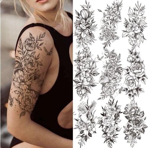 DIY Rose Flower Peony Temporary Tattoos For Women Girls Adult Anemone Orchid Black Tattoo Sticker Fake Dahlia Flora Tatoos Paper