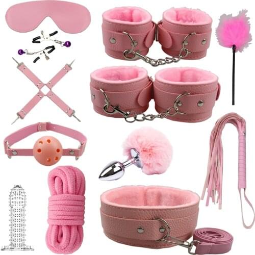 Sex Products Erotic Toys for Adults Leather BDSM Sex Bondage Set Handcuffs Nipple Clamps Gag Whip Rope Sex Toys for Couples