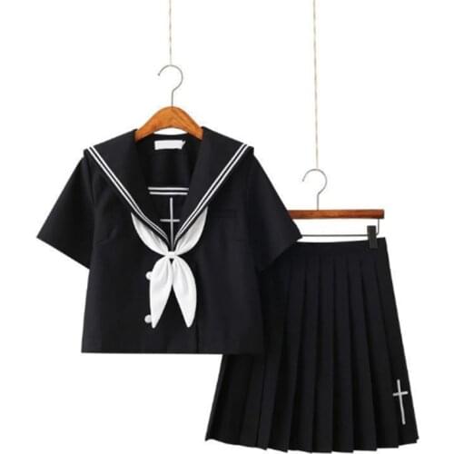 Cross Embroidery School Uniform High School Girl Sailor Suits Cosplay Costume Black Short Long Sleeve Japanese Anime Uniforms