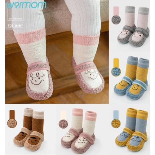 Warmom Winter Super Thick Plus Fleece Baby Toddler Shoes Floor Loop Socks Coral Fleece Leather Socks For Baby 0-18 Month