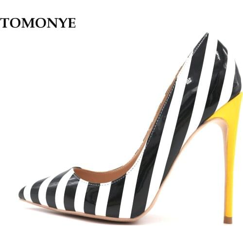 2019 Luxury Brand big size hot sale Factory out black white strap patent leather pointed toe 120mm high heel shoes pump on sale