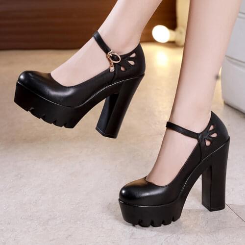 Big Size Round Toe Block Heels Platform Shoes Women Pumps 2021 High Heels Wedding Shoes Ladies Office Work Shoe Split Leather