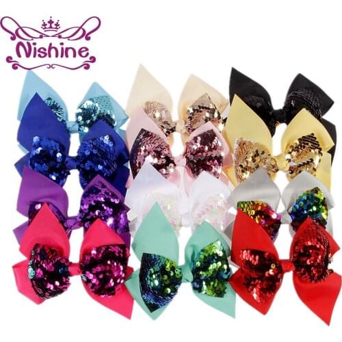 Nishine 4.8" Ribbon Bow Hairpin Girls Bow Clips Sequin Bow Knot Kid Hair Clip Boutique Children Headwear Hair Accessories