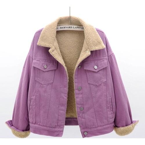 2020 Winter New Women Lambswool Thicken Plus fleece Denim Jacket Single-breasted Female Warm Loose Candy color Short Outwear