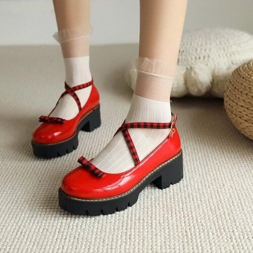 OLOMLB Womens Plaid Checked Bowtie Punk Pumps Shoes Platform Cross-strap Chunky High Heel Creepers Japanese Harajuku Sandals